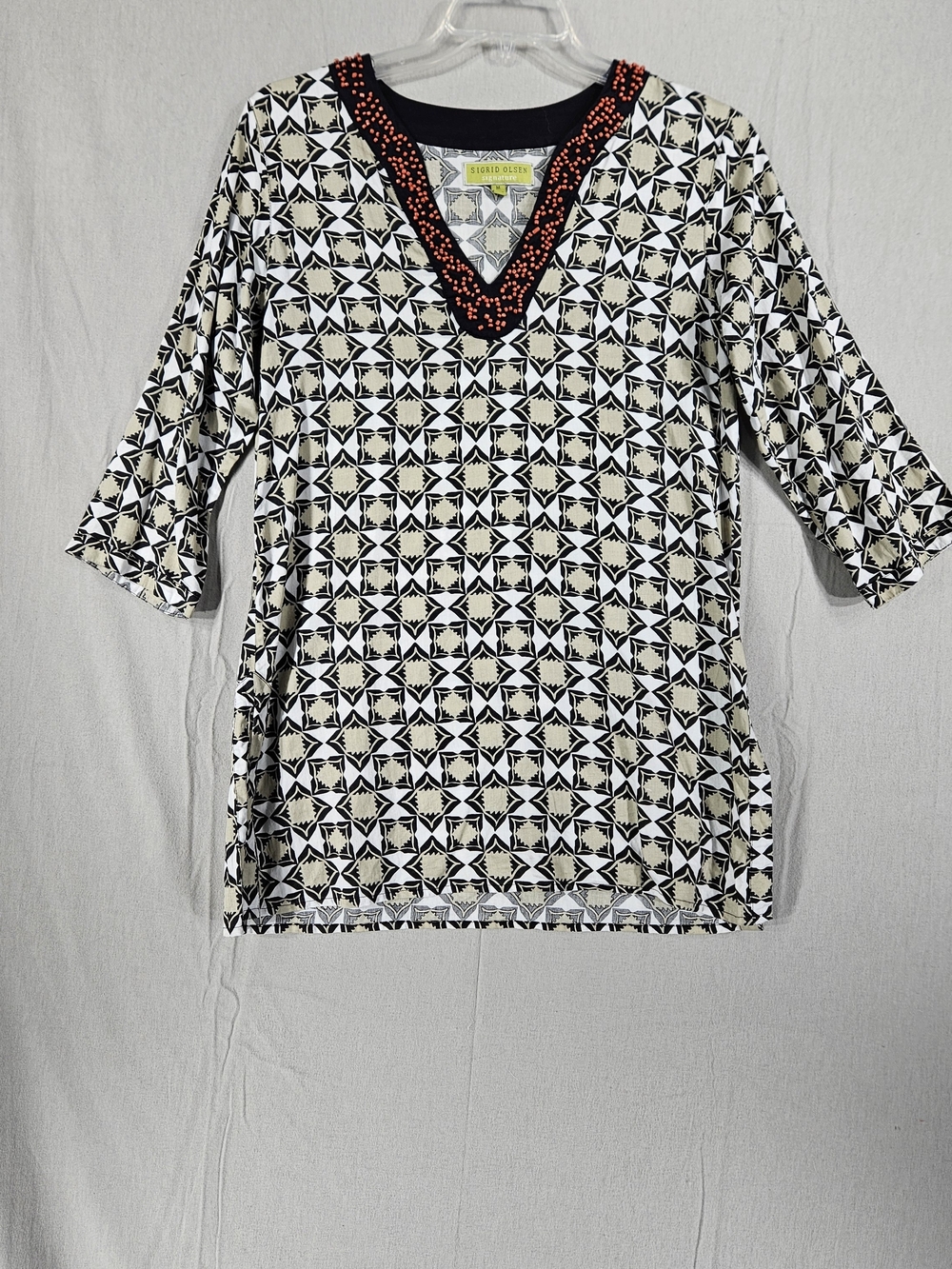 Sigrid Olsen Black & Cream Geometric V‑Neck Tunic with Coral Trim